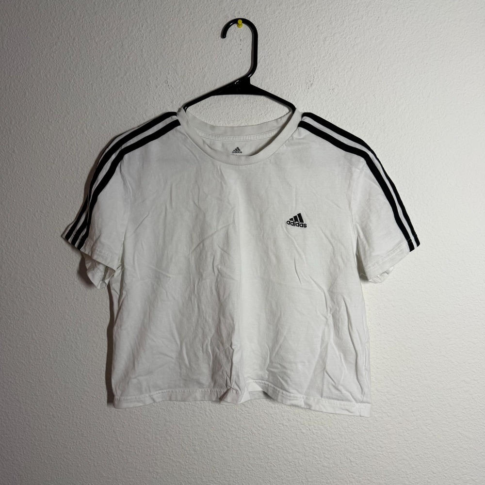 Adidas Essentials Cropped T Shirt Womens Large White Black 3 Stripes Athletic